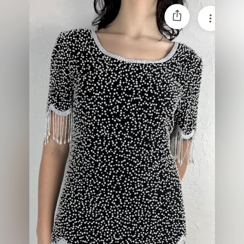 Vintage 90s ‘Laurence Kager’ All Silk Blouse Beaded Scalloped Hem Black Size M